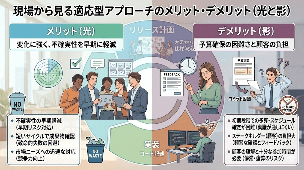 現場から見る適応型アプローチのメリット・デメリットの図解