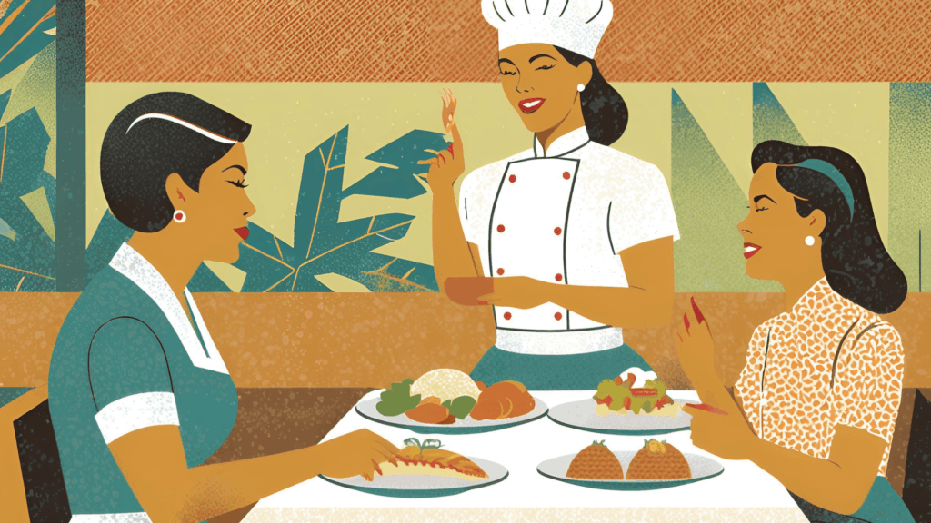 [画像：レストランで食事をとる人と、それを見守るシェフ]