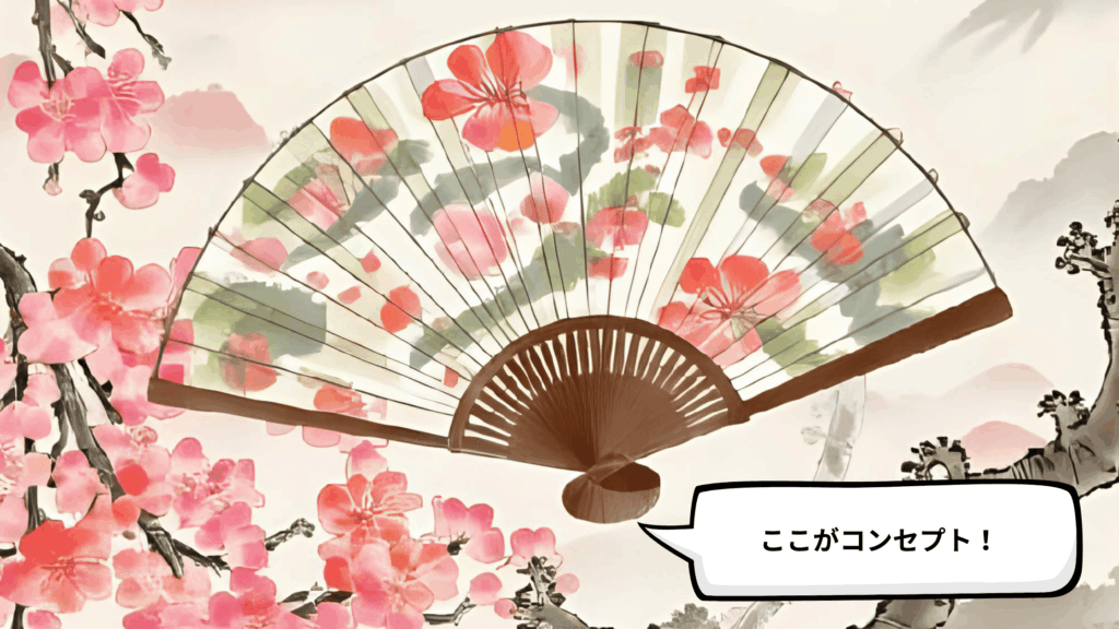 [画像：扇子のイラスト。要の部分に「コンセプト」と書かれ、そこから各施策（マーケティング、製品開発など）の骨が広がっているイメージ。]