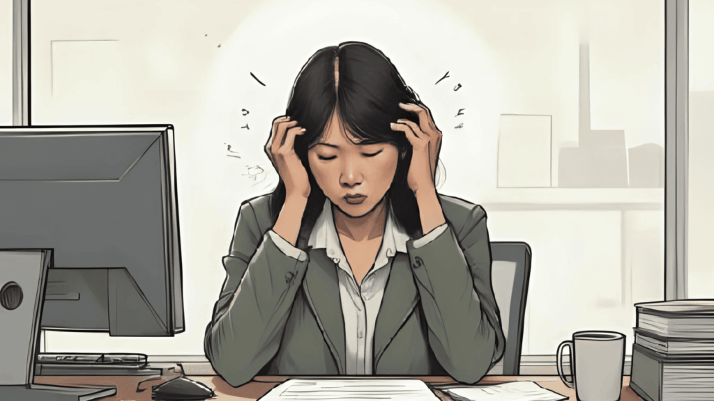 [画像：目の回る忙しさで会社のデスクで頭を抱えている、日本の中小企業の女性社員]