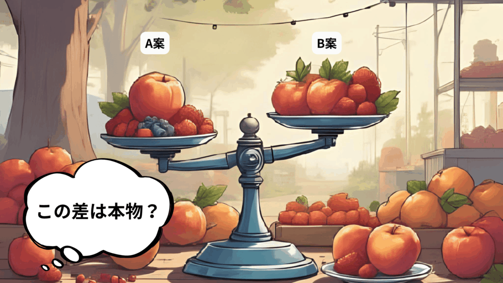 [画像：天秤のイラスト。片方に「A案」、もう片方に「B案」が乗ってA案側に傾いている。「この差は本物？」という吹き出しがあるイメージ。]