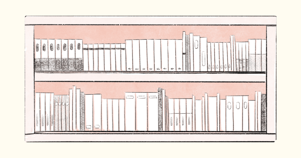 [画像：1巻から10巻までの本が順番に並んだ本棚のイラスト]