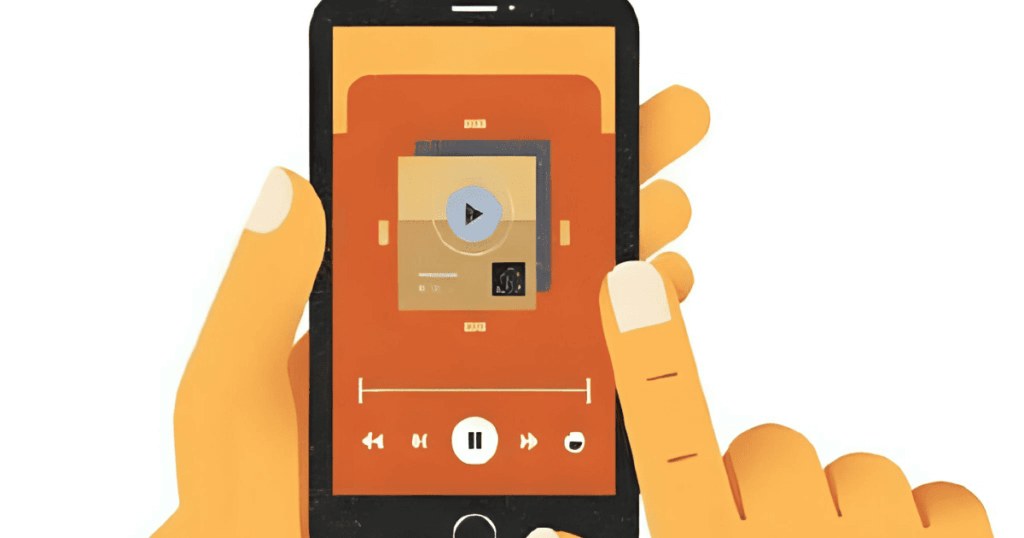 [画像：スマートフォンで音楽再生アプリを操作しているイラスト]