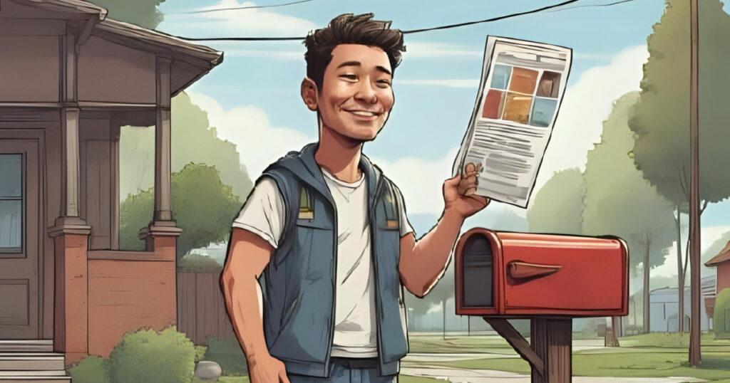 [画像：男の人が、自宅のポストに投函されたチラシを手に取っている様子。]