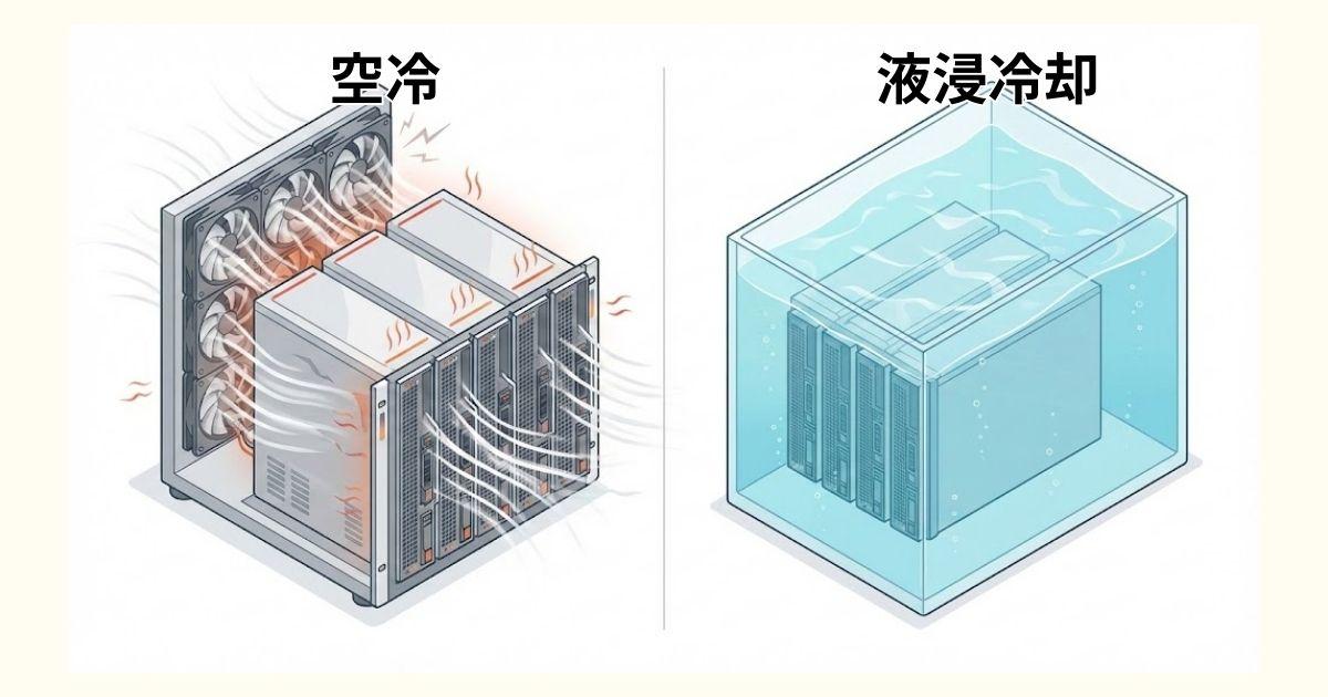 画像：空冷と液浸冷却の違い