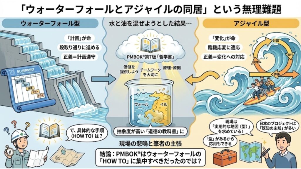 画像：「ウォーターフォールとアジャイルの同居」という無理難題の図解