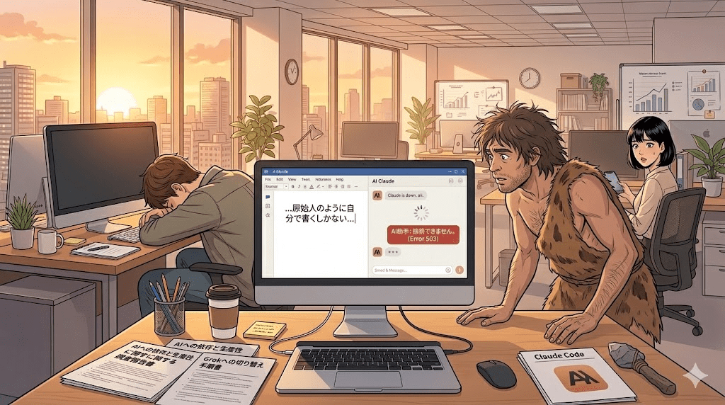 原始人がPCを見つめる様子