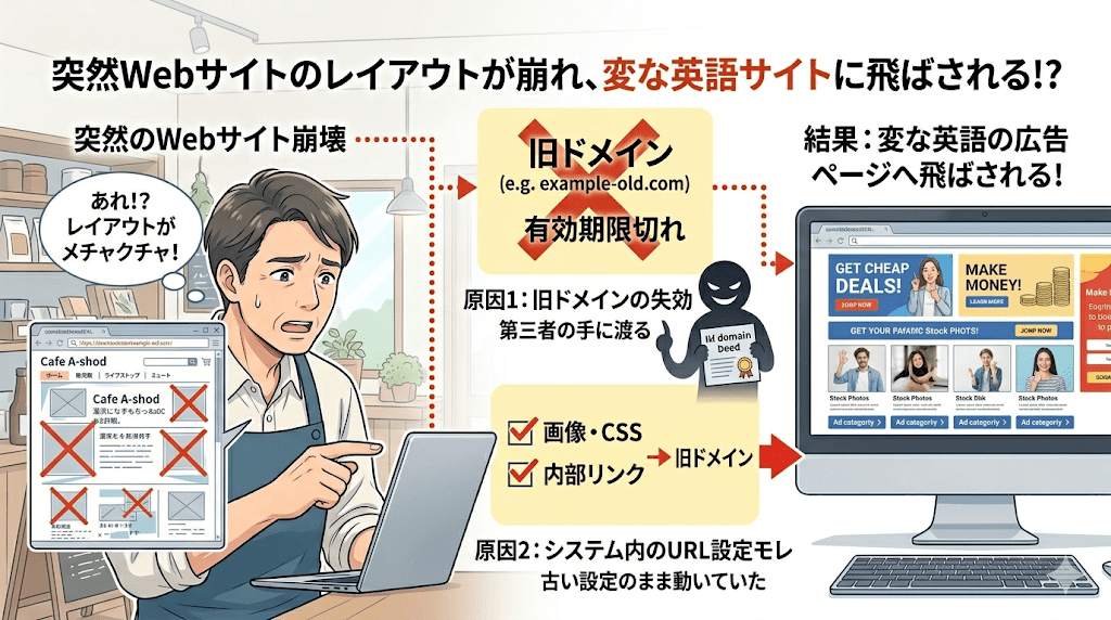 突然Webサイトのレイアウトが崩れ、変な英語サイトに飛ばされる！？