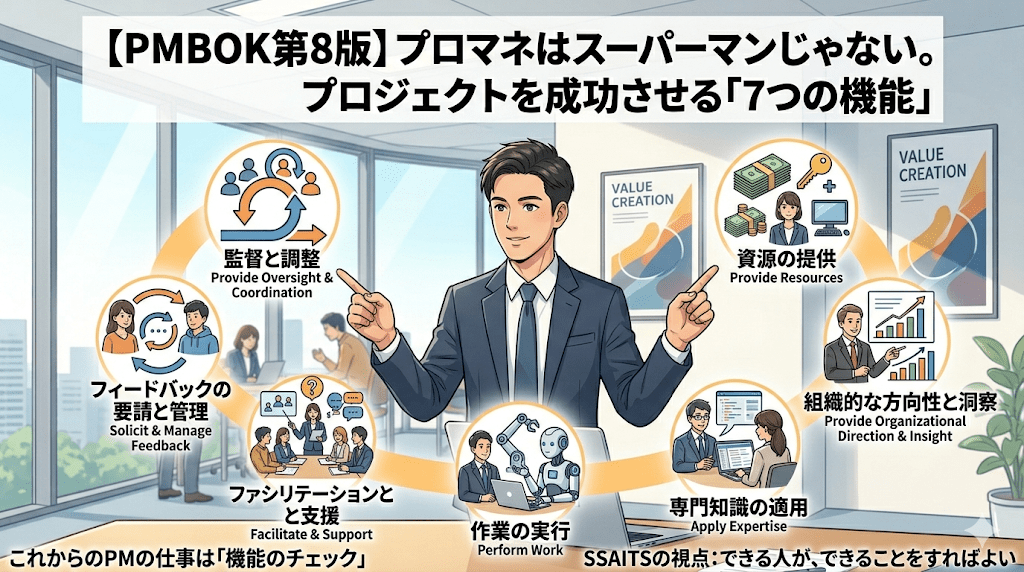 【PMBOK第8版】プロマネはスーパーマンじゃない。プロジェクトを成功させる「7つの機能」