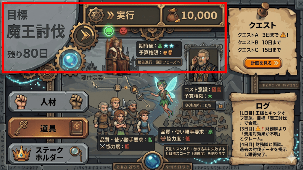 絶対死守のHUD（画面上部）：QCDとフェーズ