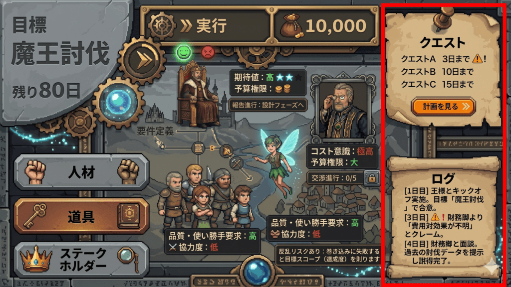 実行と記録（画面右側）：クエストとログ