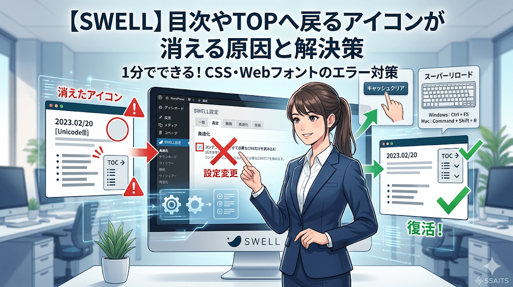 【SWELL】目次やTOPへ戻るアイコンが消える・表示されない原因と解決策