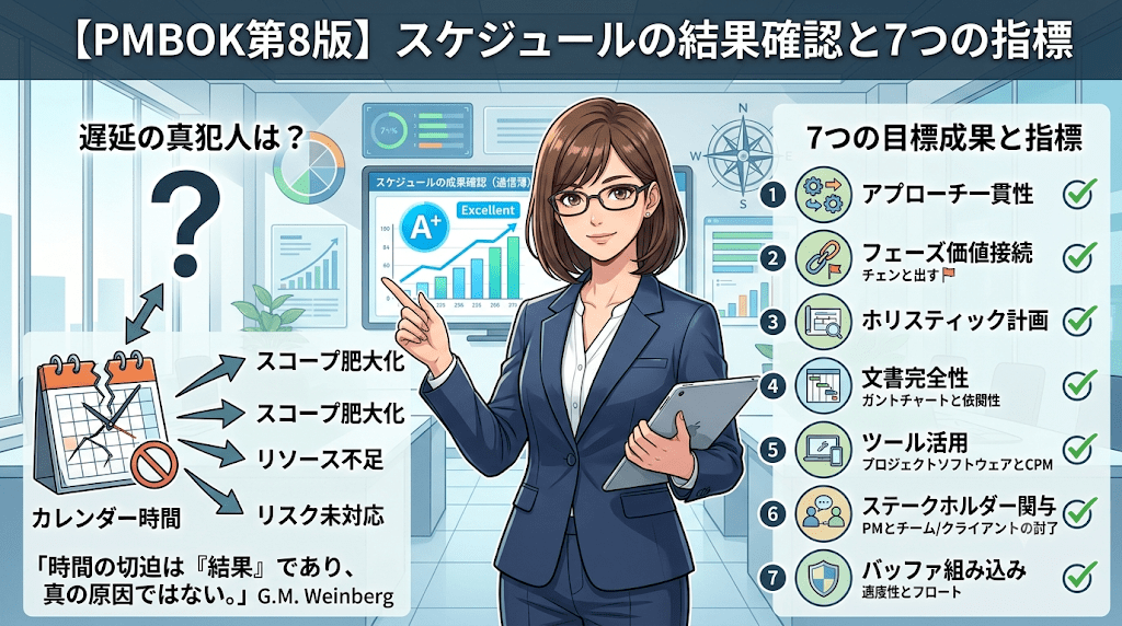 【PMBOK第8版】スケジュールの結果確認と7つの指標〜遅延の真犯人は「時間」ではない？