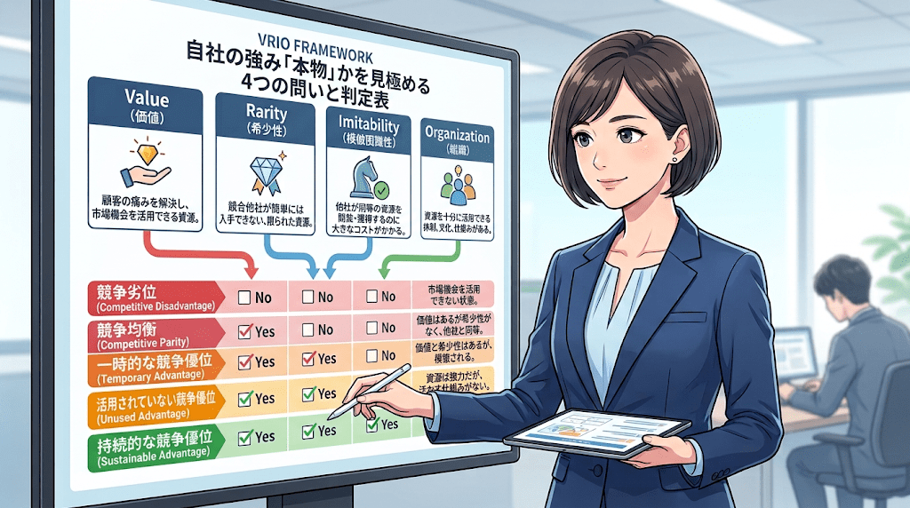 VRIOフレームワークとは？自社の強みが「本物」かを見極める4つの問いと判定表